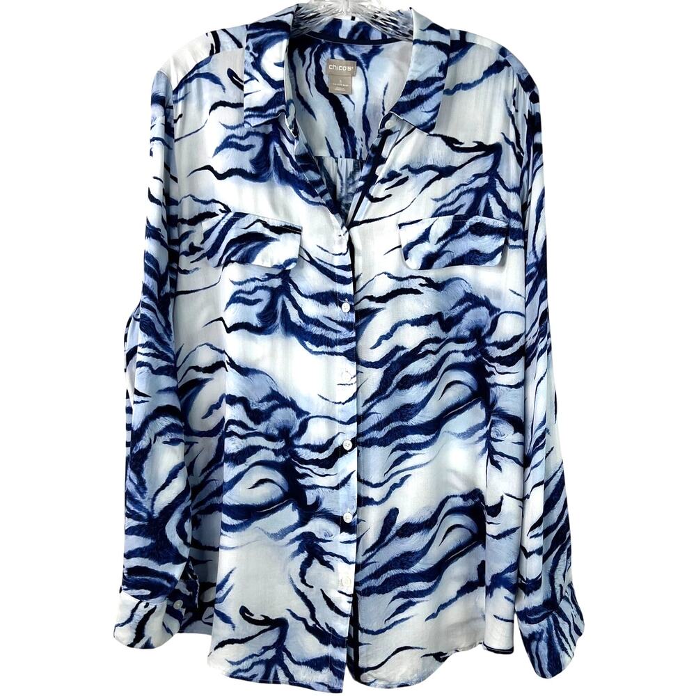 Chico's Women's Tiger Animal Print Button Down Shirt Long Sleeves Size 3 (16/18)